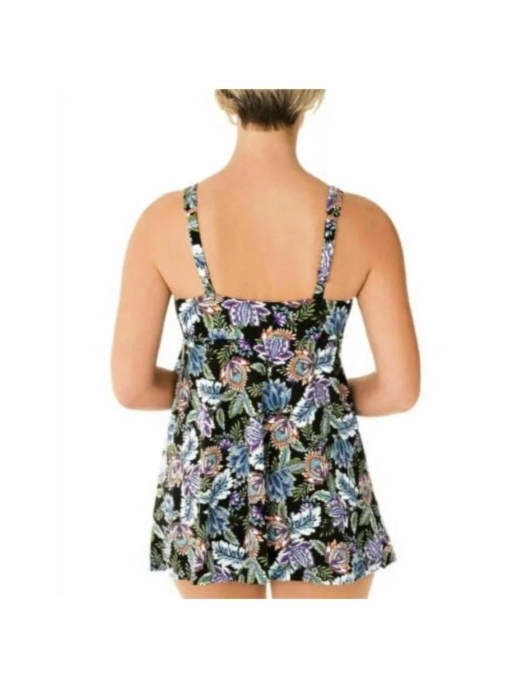 Swim Solutions Swimsuit Paisley Swim Dress Size 14 Slimming Black One Piece NWT - Picture 7 of 16